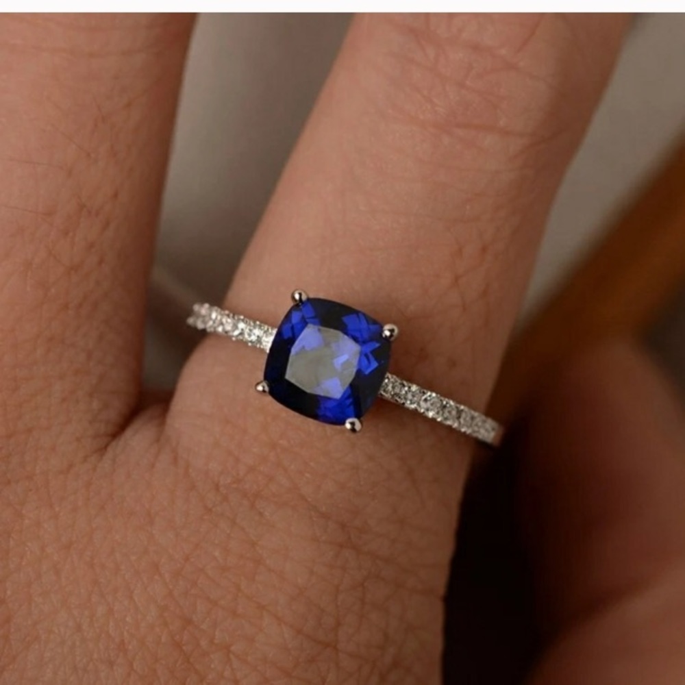 Dainty Dark Blue Sapphire Cushion Cut Silver Ring - Picture 2 of 7